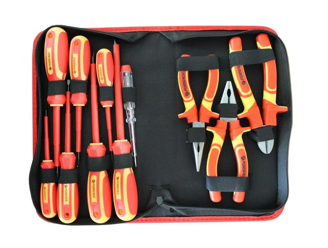 Набор инструмента диэлектрического,12пр(отвертки:SL3х75,4х100,5.5х125,6.5х150мм,РН0х75,1х80,2х100мм,бокорезы,плоскогубцы,утконосы,пробник)в сумке