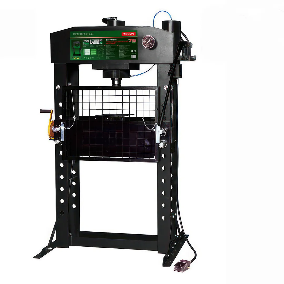 Пресс гидравлический с манометром напольный 75т, ручной/пневмо привод (раб. высота:0-900мм, раб. ширина:800мм, раб. стол:270х800мм,ход штока:240мм)