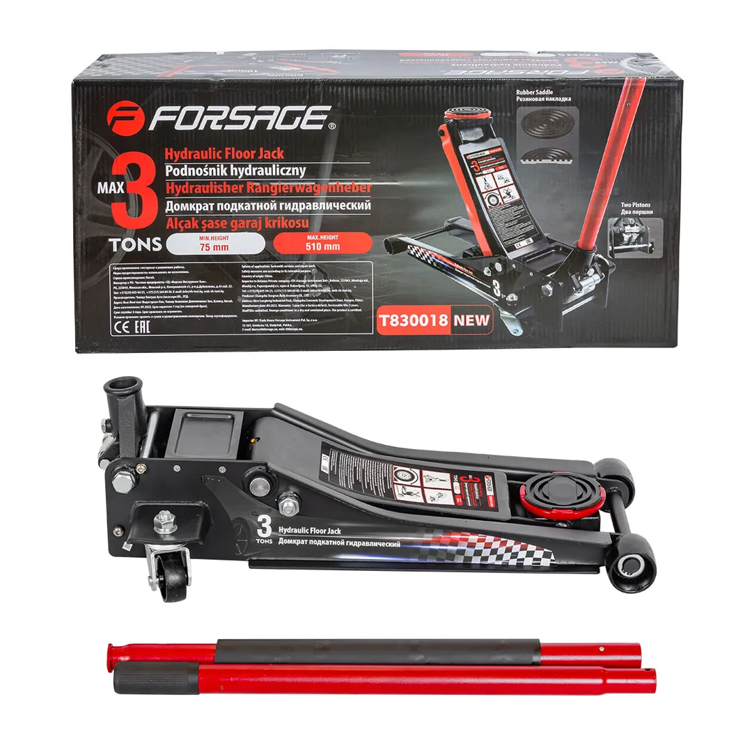 Домкрат подкатной гидравлический 3 т усиленный низкопрофильный с прорезиненной накладкой на рукоятке (2 поршня, резиновая накладка,h min75мм,h max510