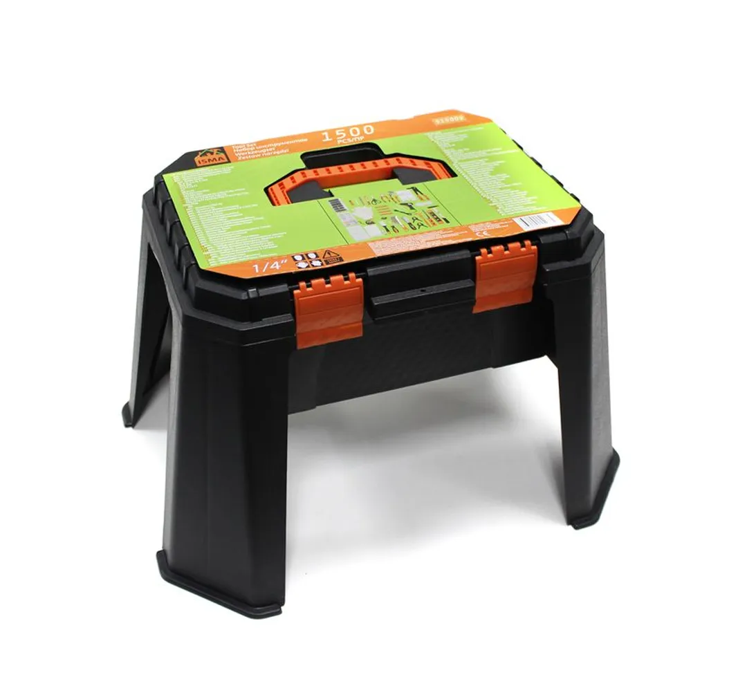 Набор инструментов 1500пр.1/4»(6гр)(5-13мм,шарнирно-губцевый инстр.,отвертки,биты,уровень,молоток,расходник,кейс-слесарный стул max нагр.120кг)