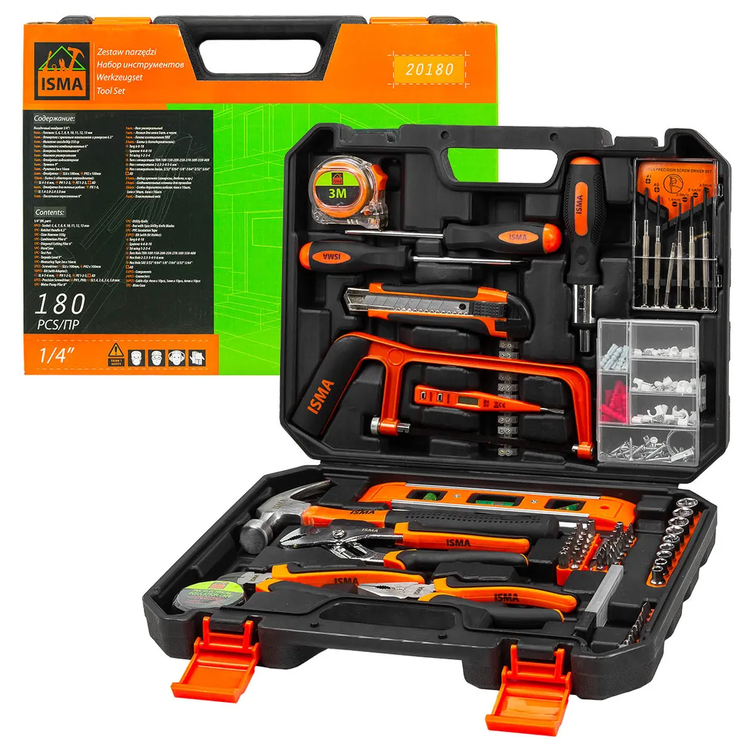Набор инструментов 180пр. 1/4»(шарнирно-губцевый ,ножовка,уровень,биты ,головки,отвертки,рулетка,молоток,нож,изолента,расходник)в кейсе