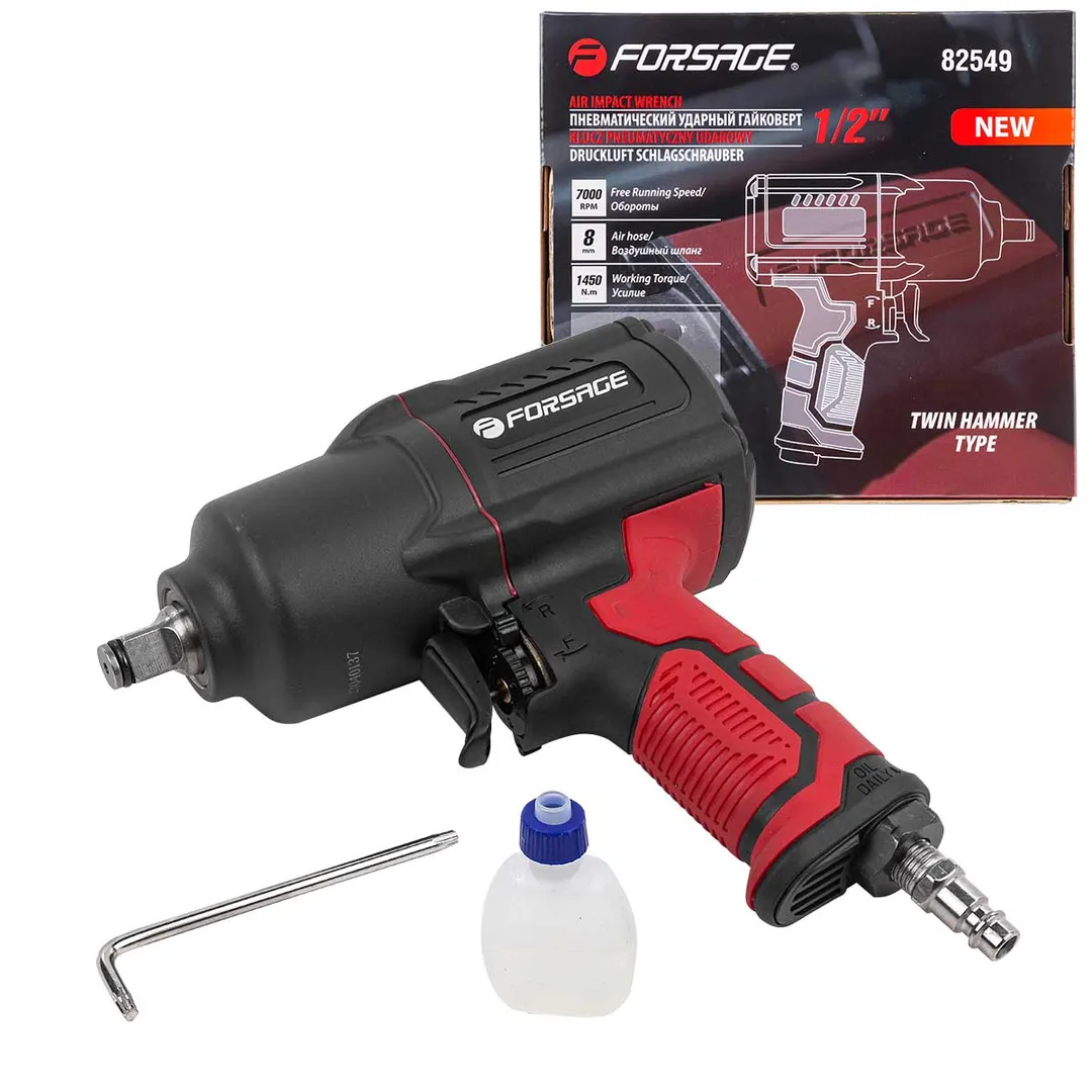 Пневмогайковерт ударный »Twin Hammer»с реверсом и регулировкой усилия в облегченном корпусе 1/2»(1450Hм, 7000 об/мин,6.3bar,198 л/мин,вес 2кг)