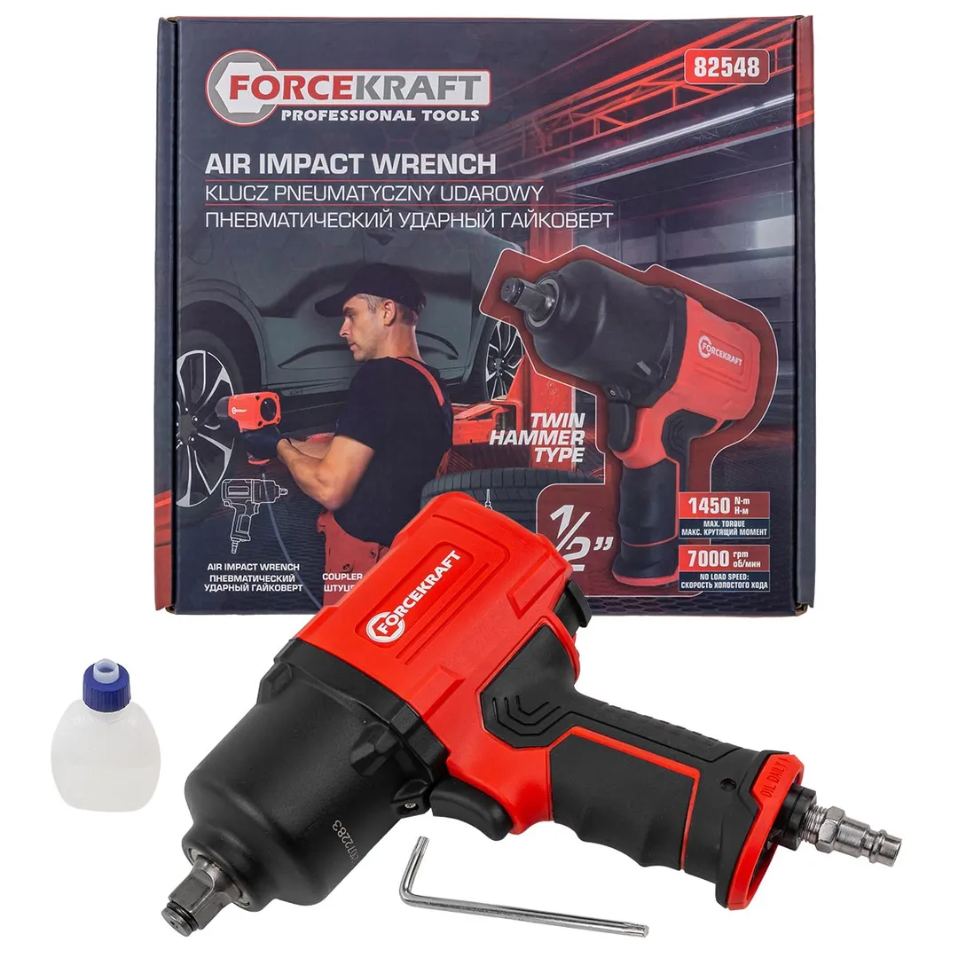 Пневмогайковерт ударный »Twin Hammer»с реверсом и регулировкой усилия в облегченном корпусе 1/2»(1450Hм, 7000 об/мин,6.3bar,198 л/мин,вес 2кг)