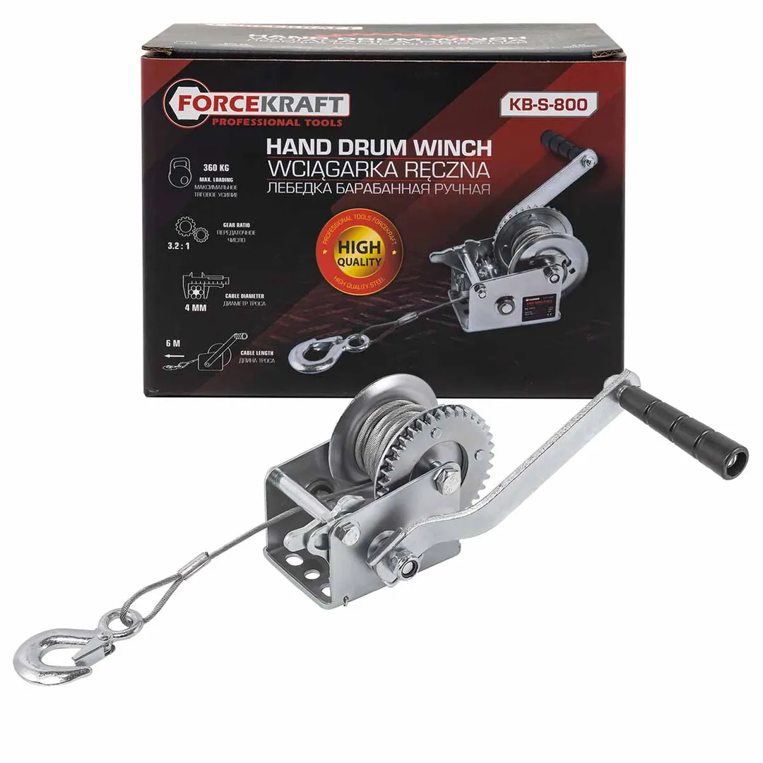 Лебедка ручная барабанная, 360кг(стальной трос, диаметр троса-4мм, длина троса-10м )