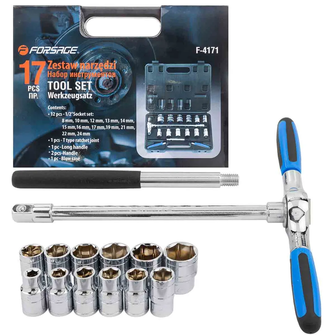 Набор инструментов с Т-образной трещоткой,17 пр.1/2»(6гр.)(8,10,12-17,19,21,22,24мм)