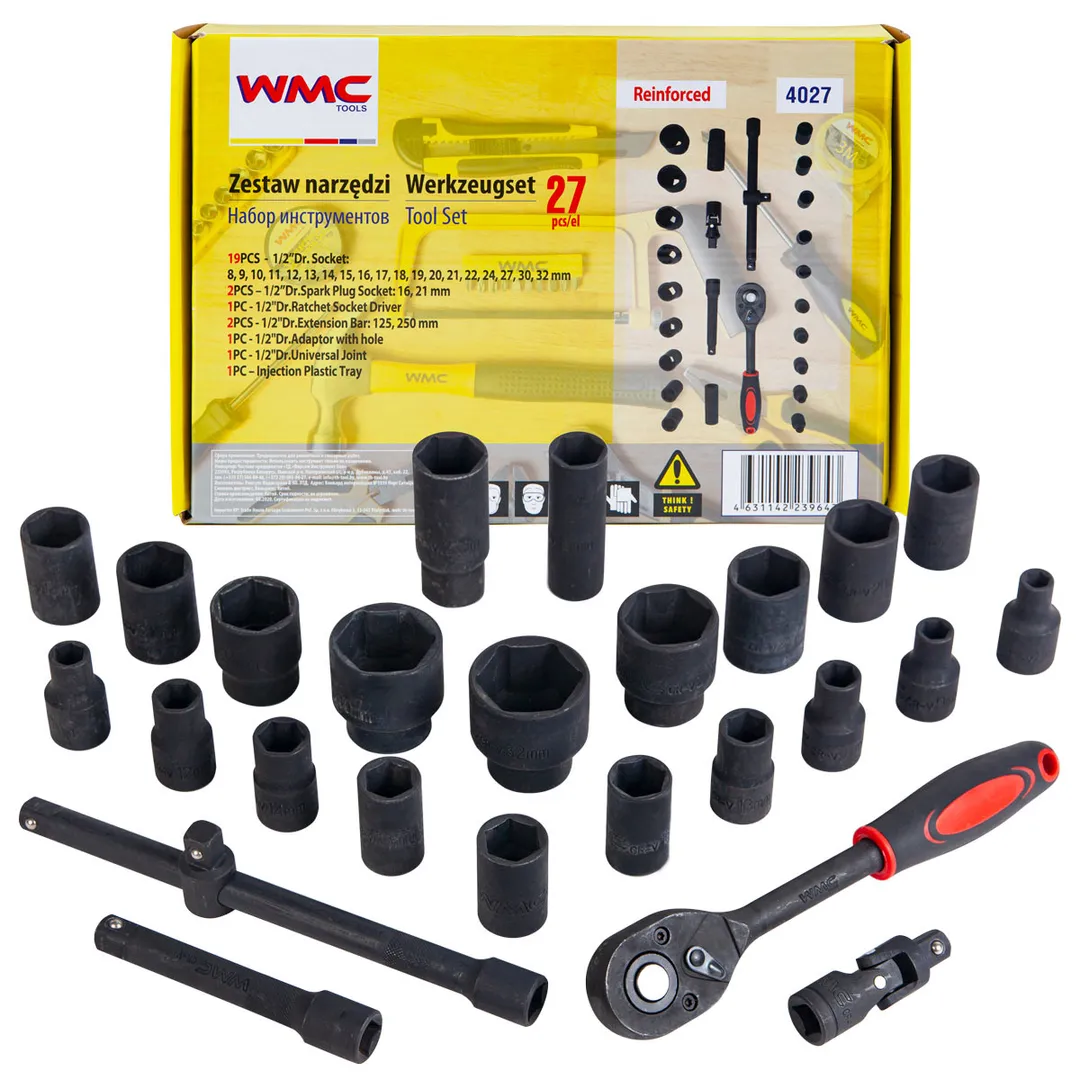 Набор инструментов 1/2»27пр. (головки 8-32мм,трещотка,вороток.удлинитель,кардан,свечная головка)