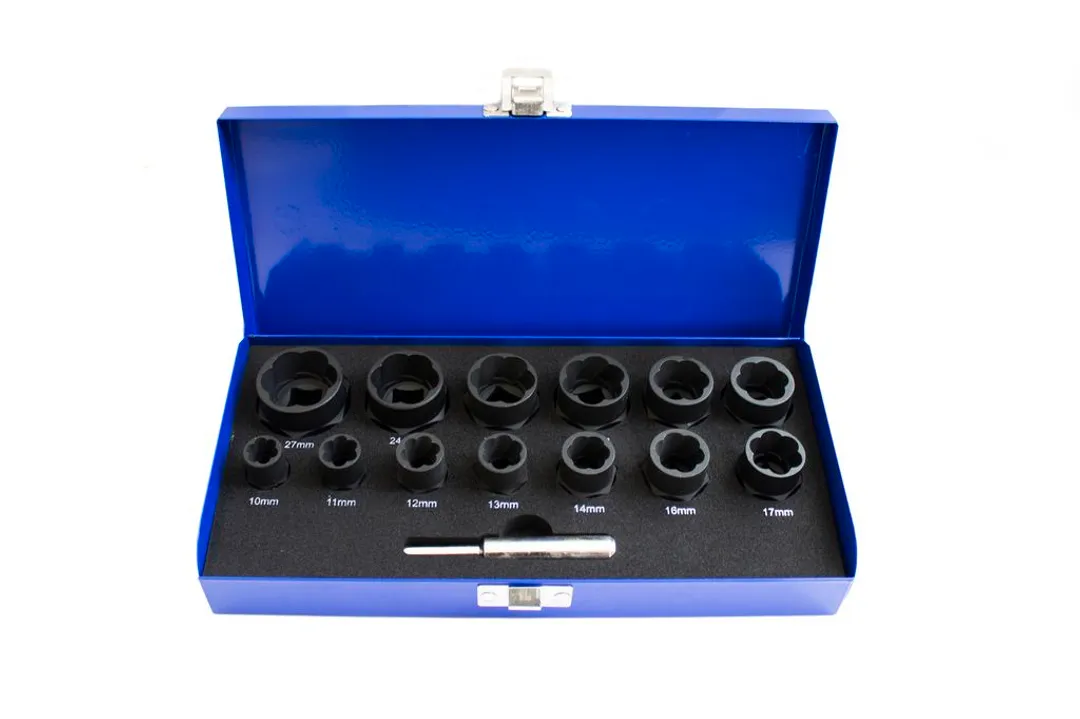 Набор головок-экстракторов для поврежденных болтов/гаек,14пр.(3/8»:10,11,12,13,14,16,17,18,19мм 1/2»: 21,22,24,27мм )