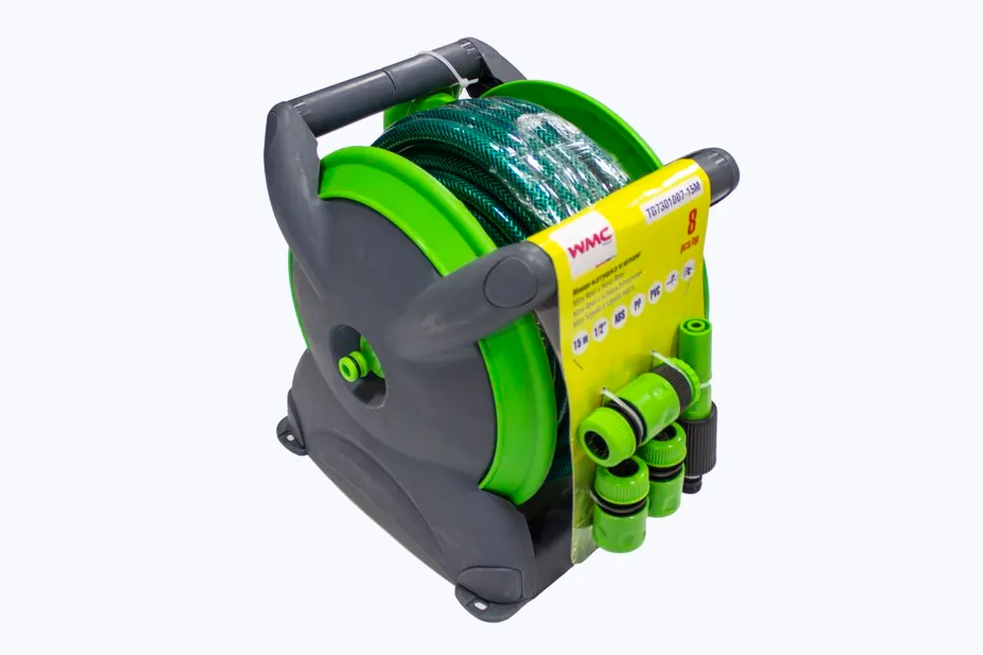 Катушка пластмассовая переносная со шлангом ПВХ 12ммх15м+пистолет распылитель и 3 быстроразъема