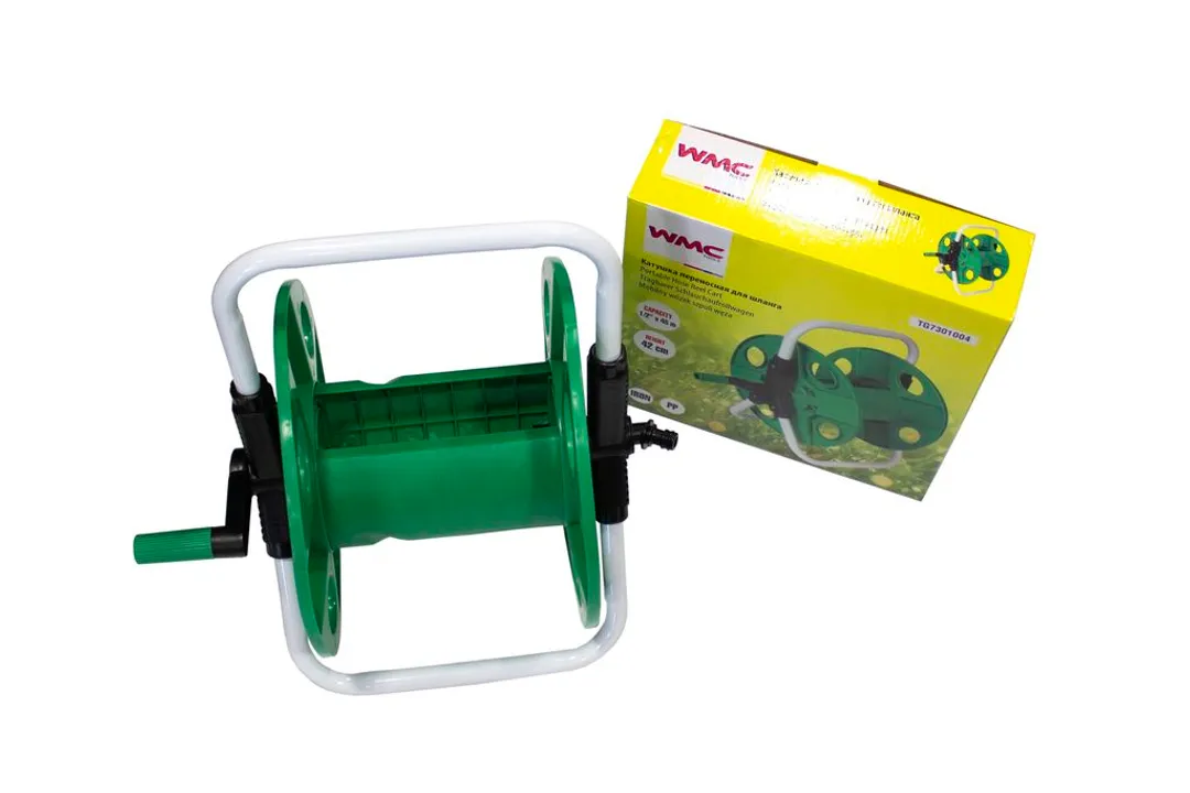 Катушка для шланга переносная металлическая в пластиковом корпусе(высота 420мм, вместимость Ø1/2»х45м)