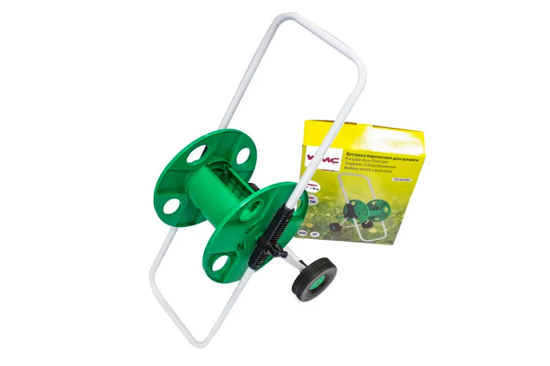 Катушка для шланга перекатная металлическая в пластиковом корпусе(высота 720мм, вместимость Ø1/2»х45м)