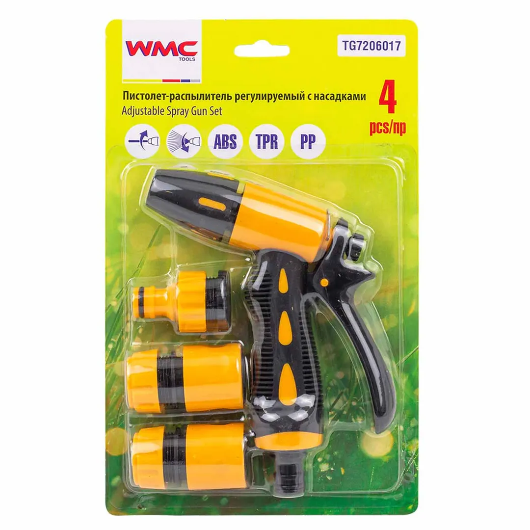 Пистолет-распылитель пластиковый с регулировкой подачи воды и диаметра распыления+1штуцер и 2 б/с, 4пр.(L-180мм,)