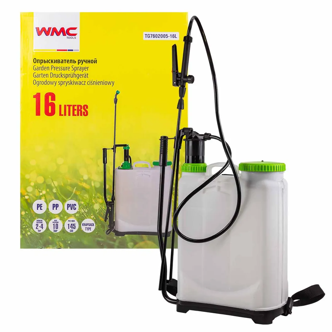 Опрыскиватель ручной пластиковый со шкалой заполнения и ремнем »через плечо»,16л(15х50см,шланг 145см,пистолет 80см)