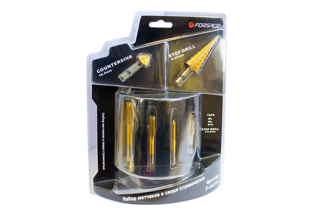 Набор метчиков и сверл ступенчатых 6пр.(М6х1.0,М8х1.25,М10х1.5, сверла 5-8.5, 4-20мм, зенкер 16.5мм)
