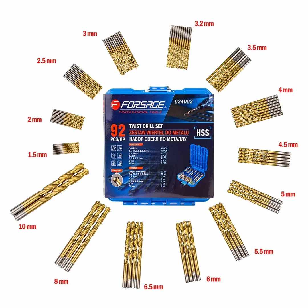 Набор сверл по металлу HSS, 92пр.(1.5,2,2.5,3,3.2мм по 10шт, 3.5,4мм по 8шт, 4.5мм-5шт, 5,5.5,6,6.5мм по 4шт, 8мм-3шт, 10мм-2шт),в кейсе