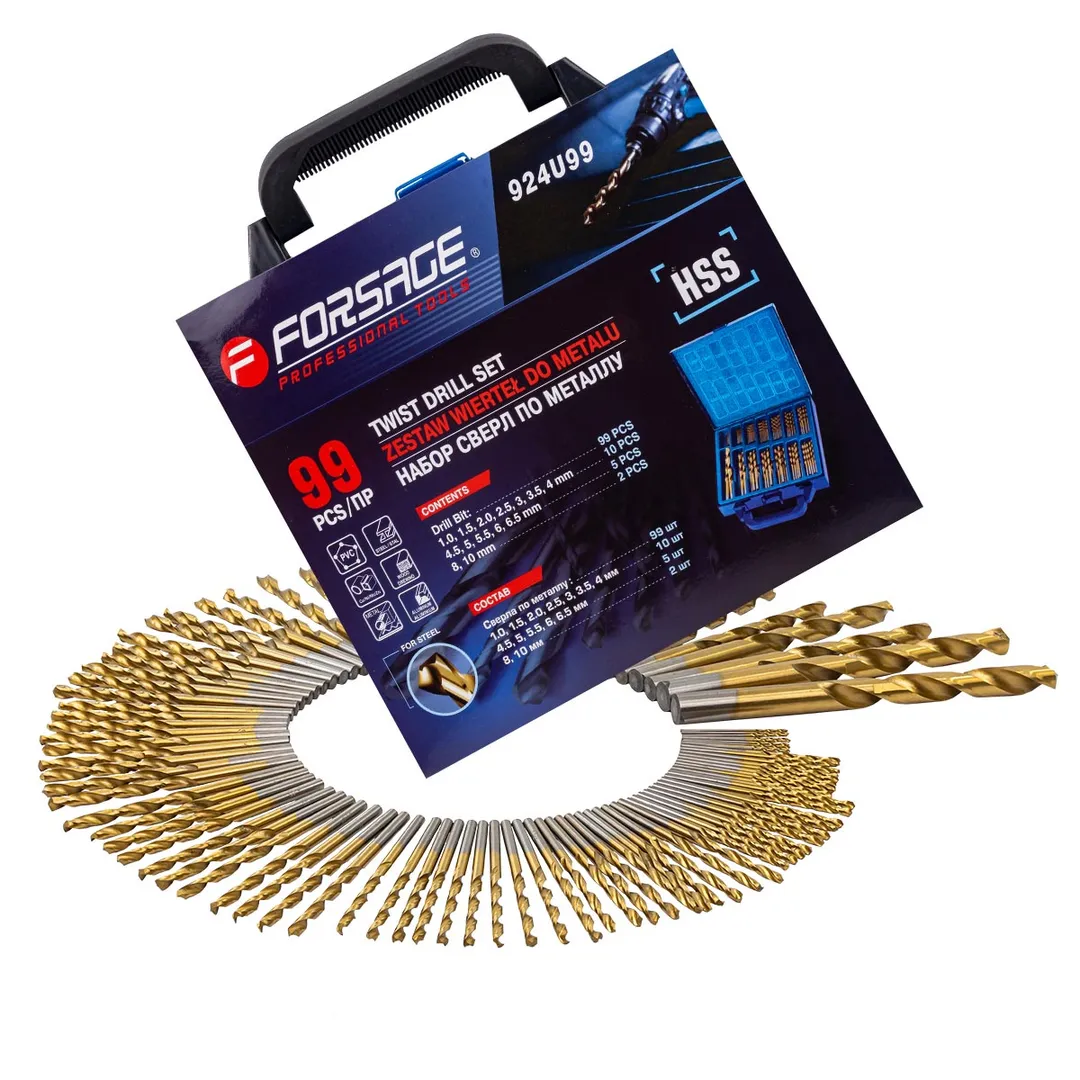 Набор сверл по металлу HSS, 99пр.(1,1.5,2,2.5,3,3.5,4мм по 10шт, 4.5,5,5.5,6,6.5мм по 5шт, 8,10мм по 2шт),в кейсе
