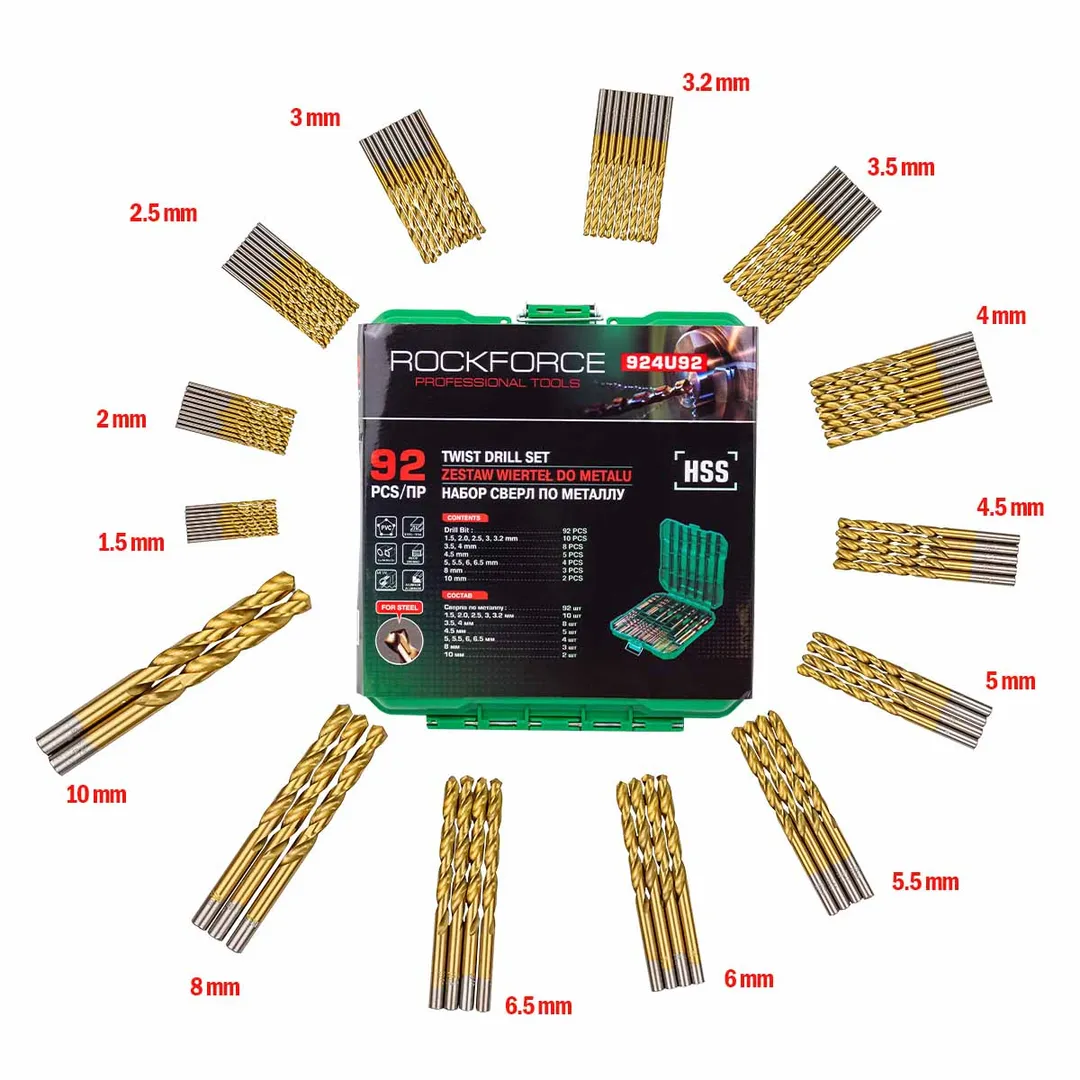 Набор сверл по металлу HSS, 92пр.(1.5,2,2.5,3,3.2мм по 10шт, 3.5,4мм по 8шт, 4.5мм-5шт, 5,5.5,6,6.5мм по 4шт, 8мм-3шт, 10мм-2шт),в кейсе