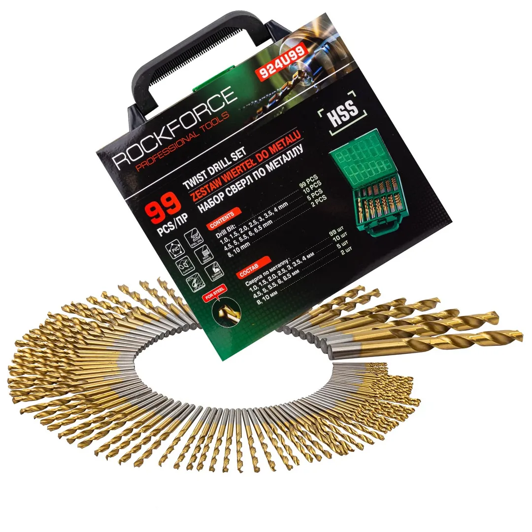 Набор сверл по металлу HSS, 99пр.(1,1.5,2,2.5,3,3.5,4мм по 10шт, 4.5,5,5.5,6,6.5мм по 5шт, 8,10мм по 2шт),в кейсе