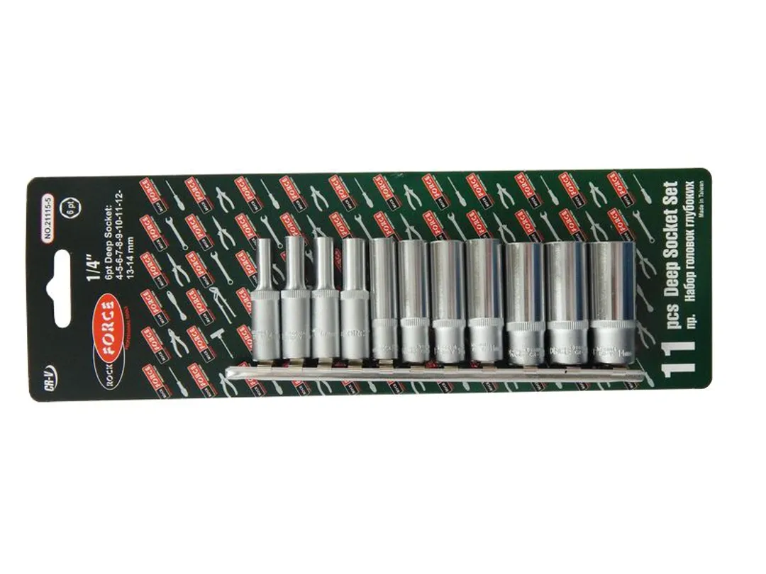 Набор головок глубоких 11пр. 1/4»6гр.(4,5,5.5,6-13мм), на планке