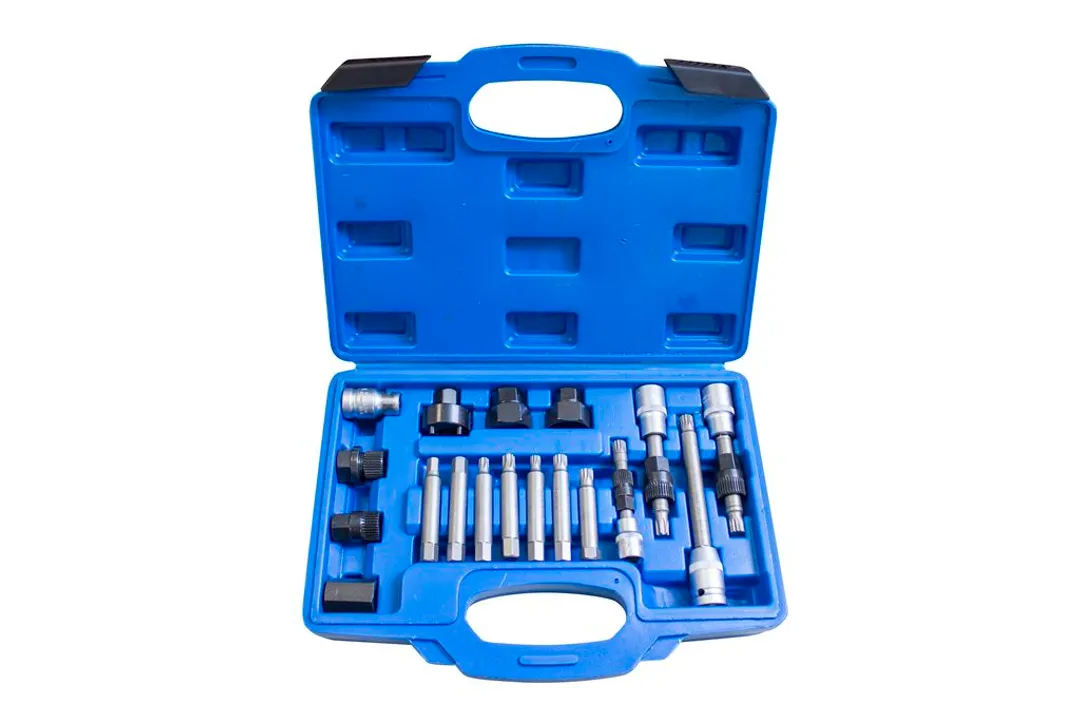 Набор для снятия шкивов генераторов 18пр(1/2»:М10х140,М10х110,Т50х110мм,3/8»:М10х90мм,10мм:М10х65мм,М8,М10,Т50,Т40,Н8,Н10х75мм,1/2»(F)х10мм(F)в кейсе.