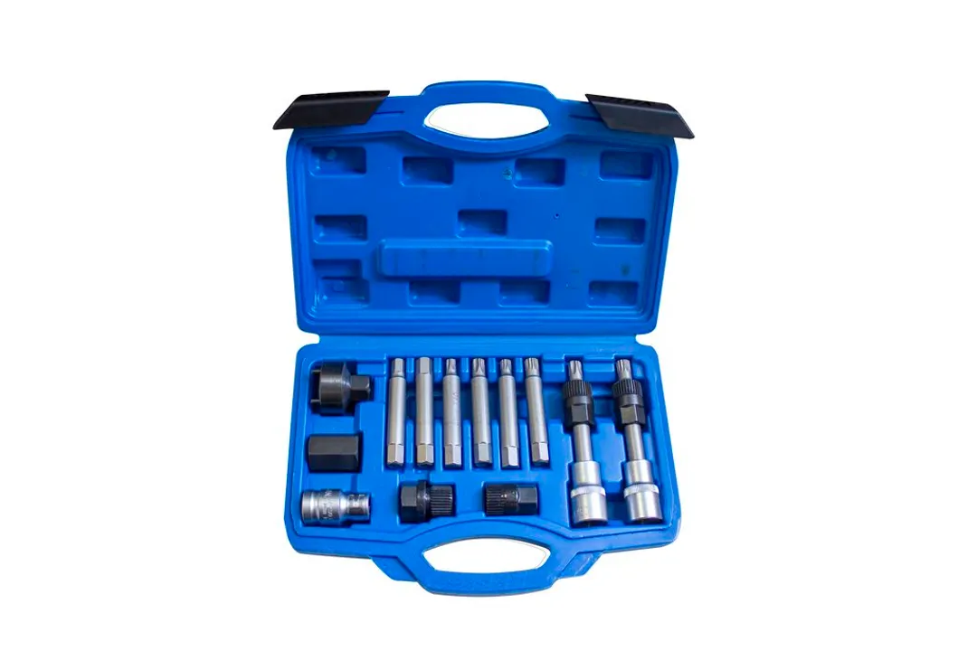 Набор для снятия шкивов генераторов:1/2»биты: М10, Т50х110мм, 10мм, биты: М8, М10, Н8, Н10, Т40, Т50×75мм, битодержатель 1/2»хF10мм, (13пр.) в кейсе.