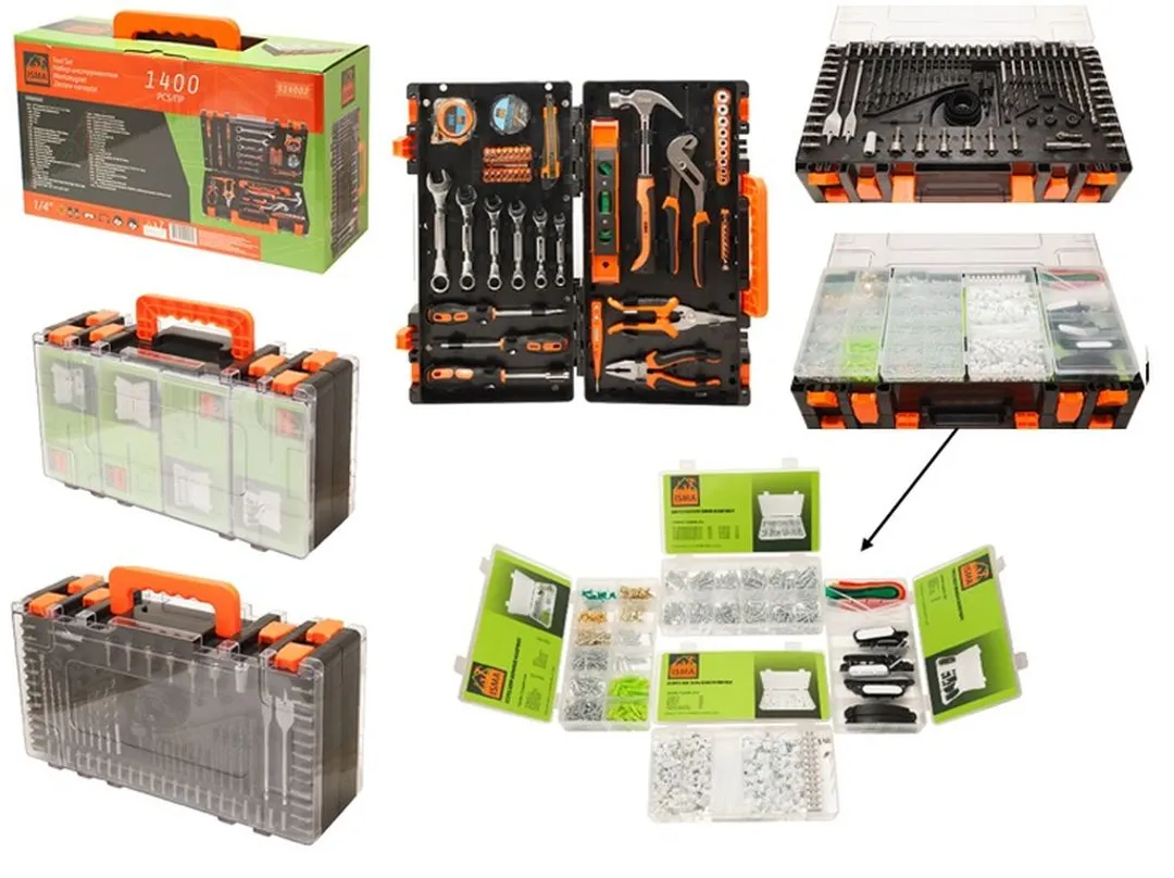 Набор инструментов 1400 пр 1/4»(шарнирно-губцевой, ударный, головки, отвертки, биты, крепежи) (6гр.)(5-13мм) в кейсе