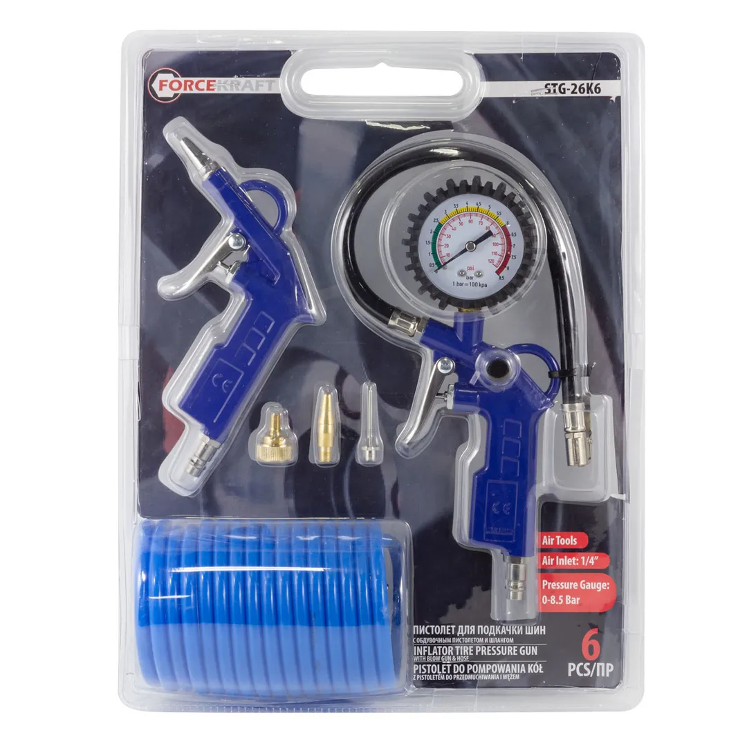 Пистолет для подкачки шин с манометром в комплекте с пистолетом обдувочным и шлангом(0-8.5 Bar,шланг 5м),в блистере