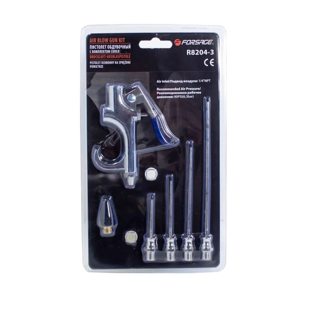 Пистолет обдувочный с комплектом сопел 6пр.(50,70,100,145мм+форсунка 28мм,6.3Bar), в блистере