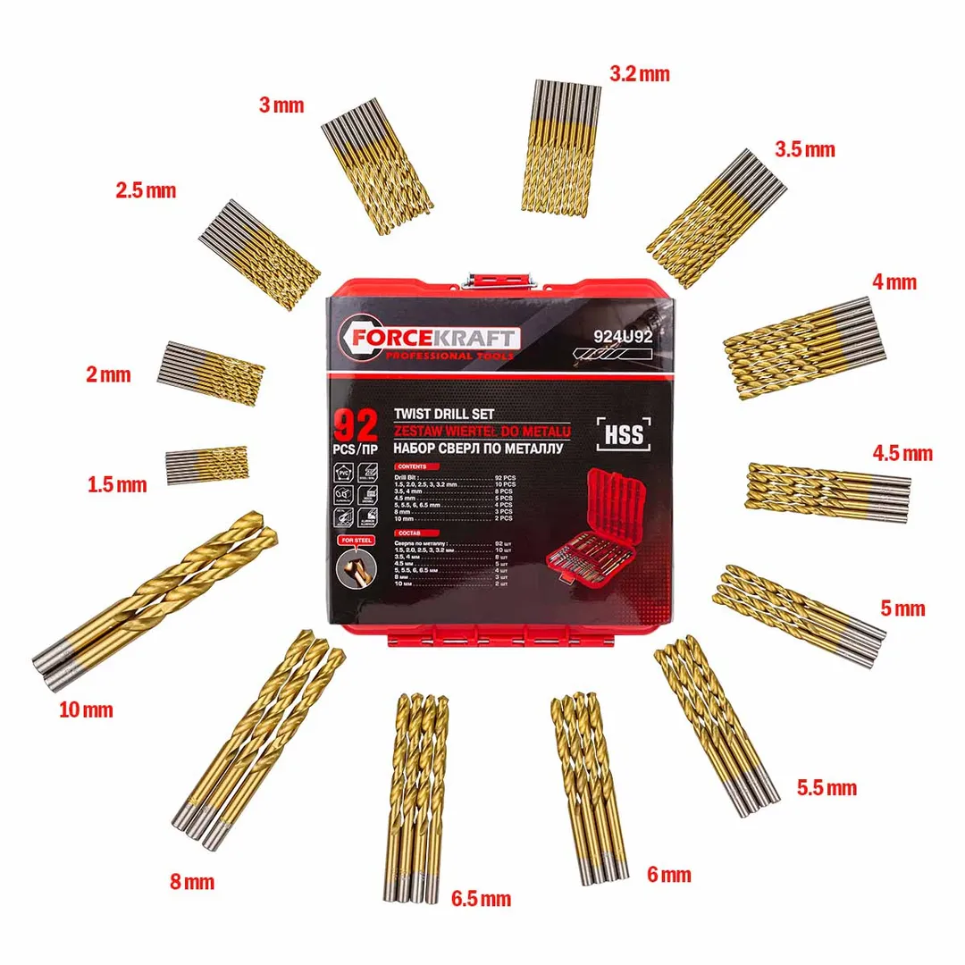 Набор сверл по металлу HSS, 92пр.(1.5,2,2.5,3,3.2мм по 10шт, 3.5,4мм по 8шт, 4.5мм-5шт, 5,5.5,6,6.5мм по 4шт, 8мм-3шт, 10мм-2шт),в кейсе