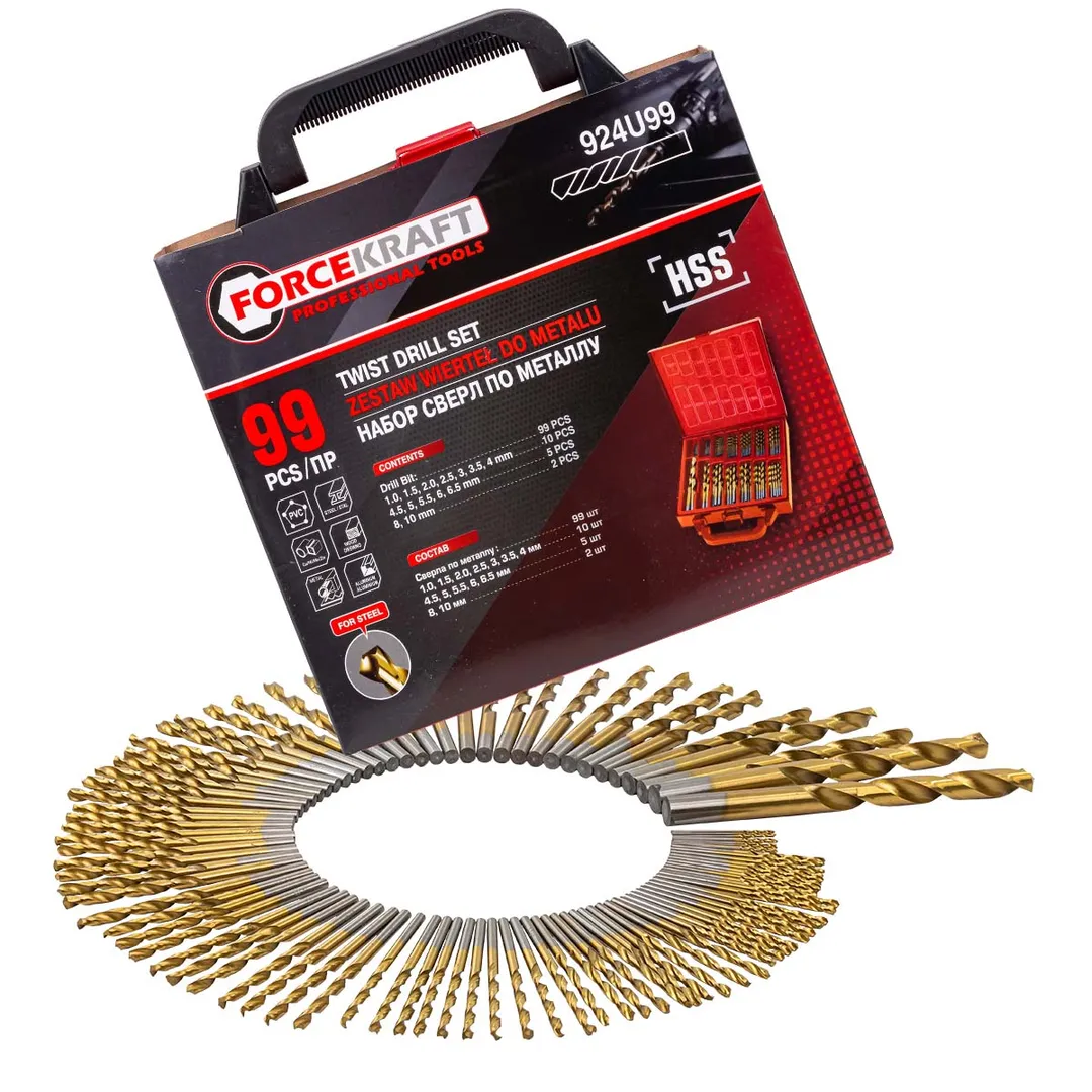 Набор сверл по металлу HSS, 99пр.(1,1.5,2,2.5,3,3.5,4мм по 10шт, 4.5,5,5.5,6,6.5мм по 5шт, 8,10мм по 2шт),в кейсе