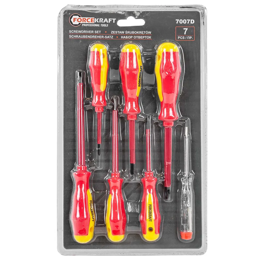 Набор отверток диэлектрических 7пр (SL3x75мм,SL4x100мм,SL5.5×125мм, PH0х60мм,PH1х80мм,PH2х100мм,индикаторная отвертка), в блистере