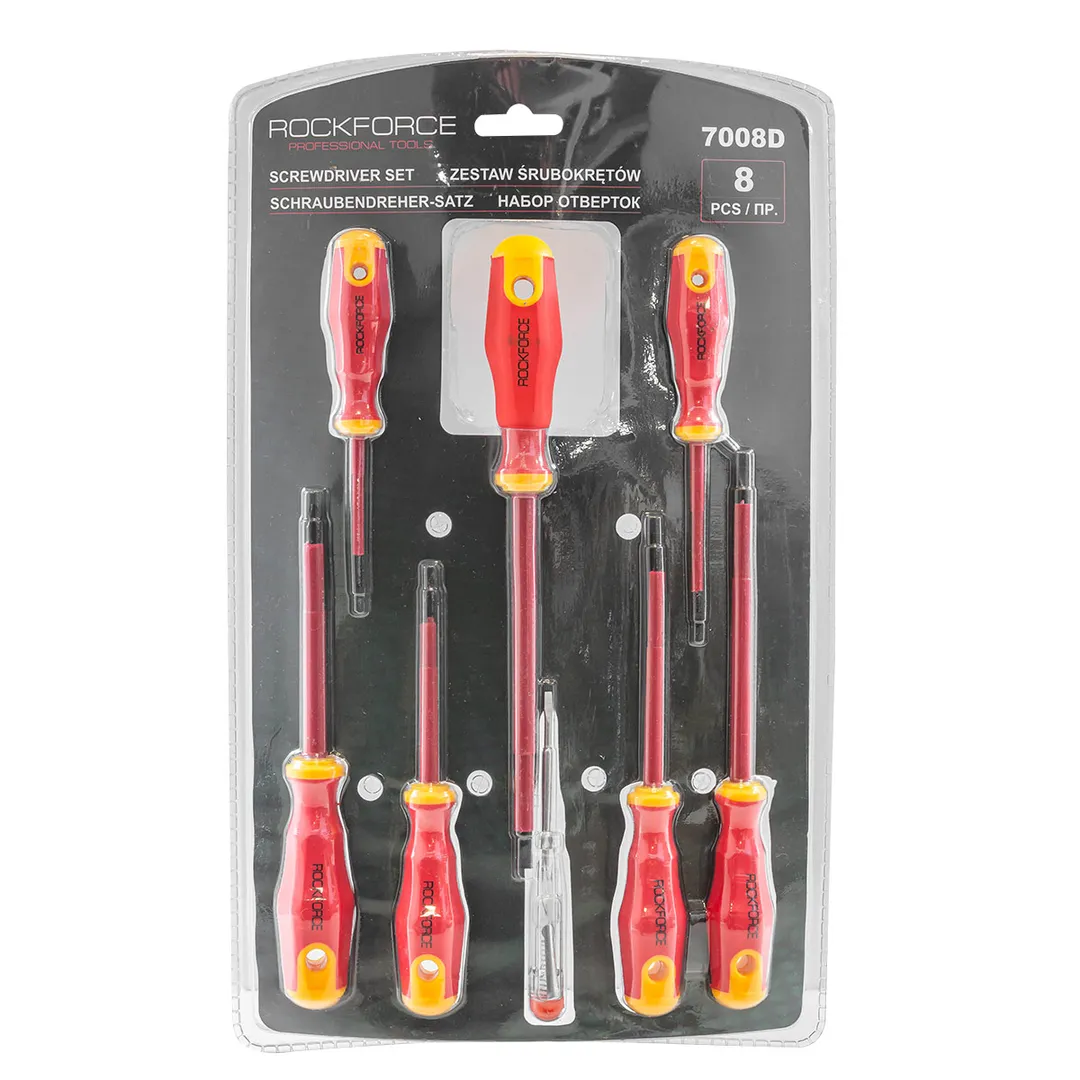 Набор отверток диэлектрических 8пр (SL3х75, SL4x100, SL5.5х125, SL6.5х150, PH0х60, PH1х80, PH2х100, индикаторная отвертка), в блистере