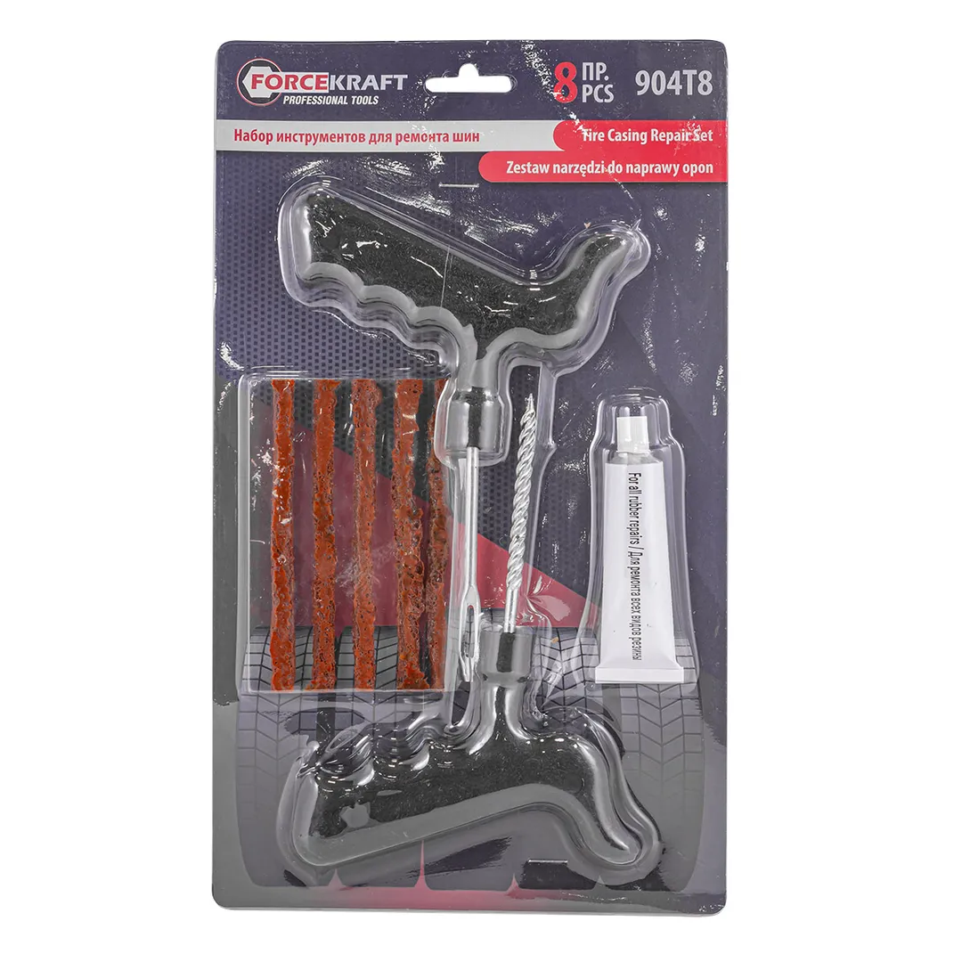 Набор инструментов для ремонта шин 8пр.(шило,протяжка,шнуры-5шт,клей), в блистере