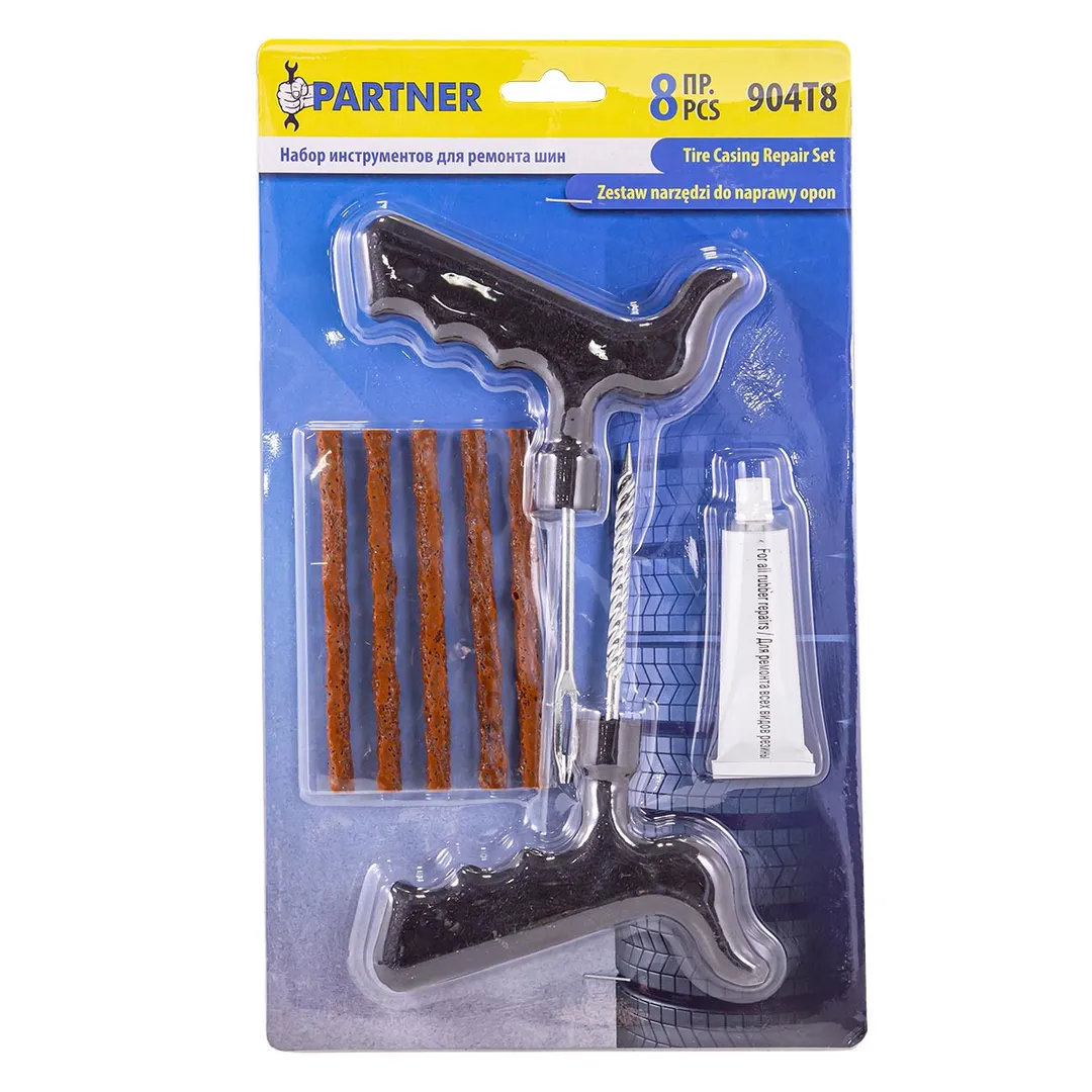 Набор инструментов для ремонта шин 8пр.(шило,протяжка,шнуры-5шт,клей), в блистере