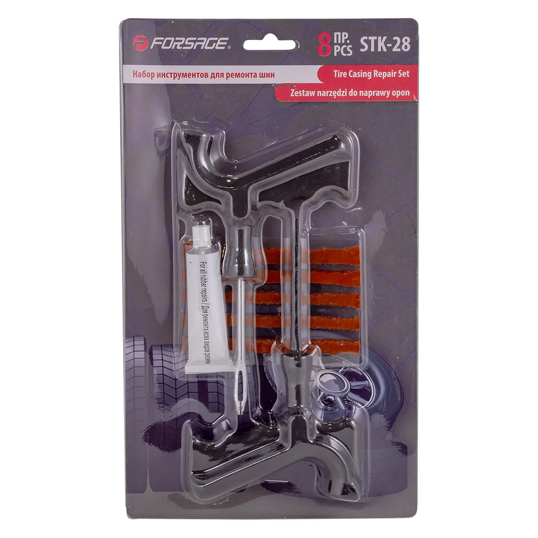 Набор инструментов для ремонта шин 8пр.(шило,протяжка-»мелкая спираль»,шнуры-5шт,клей), в блистере
