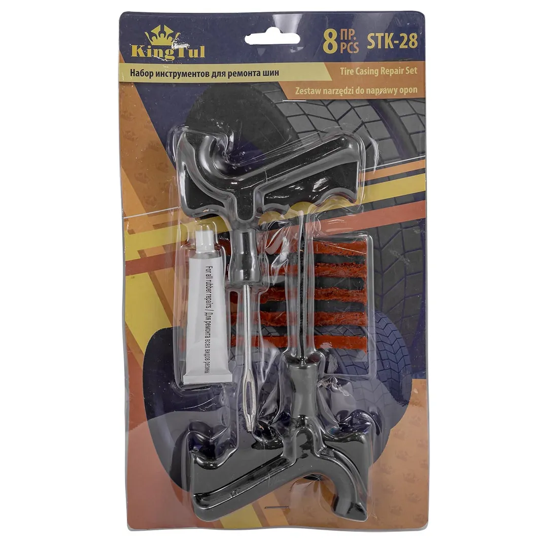 Набор инструментов для ремонта шин 8пр.(шило,протяжка-»мелкая спираль»,шнуры-5шт,клей), в блистере