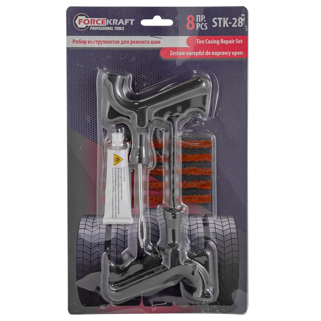 Набор инструментов для ремонта шин 8пр.(шило,протяжка-»мелкая спираль»,шнуры-5шт,клей), в блистере