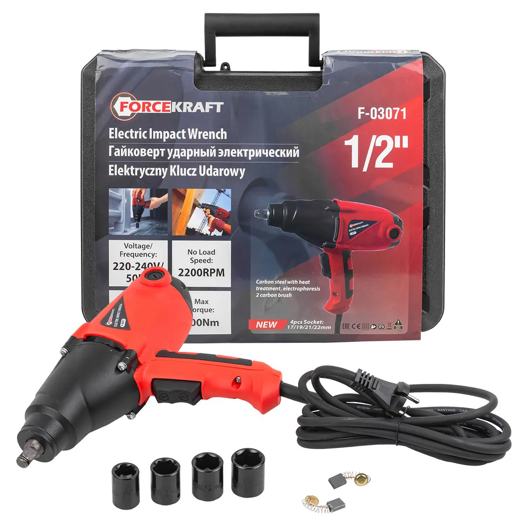 Гайковерт ударный электрический 1/2»(220-240V, 1010W, 500Нм) с комплектом головок (17, 19, 21, 22мм)