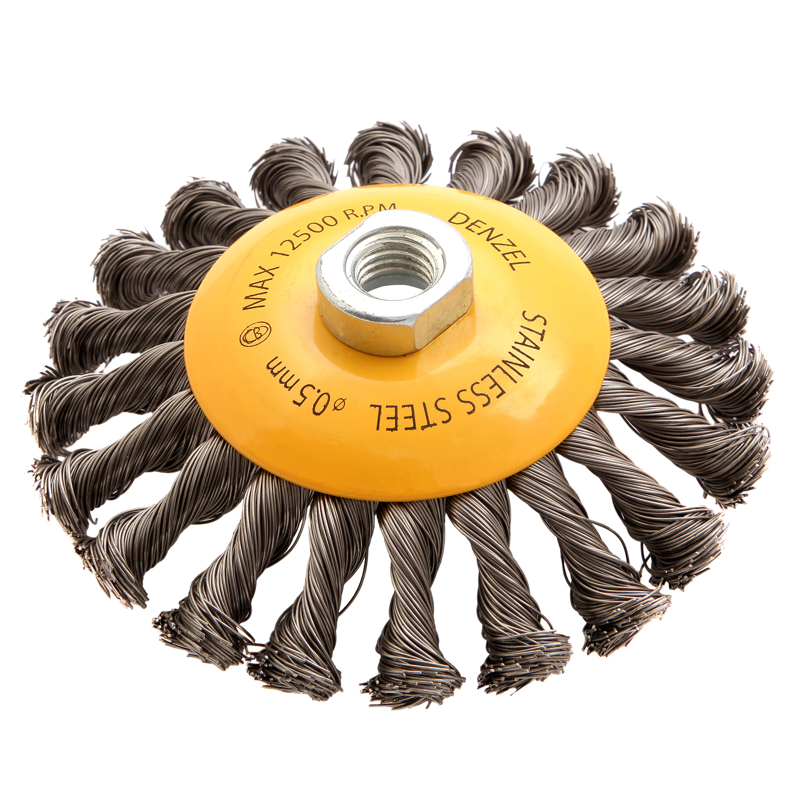 Щетка для УШМ, 125 мм, «Тарелка», крученая нержавеющая проволока 0.5 мм, М14 Denzel