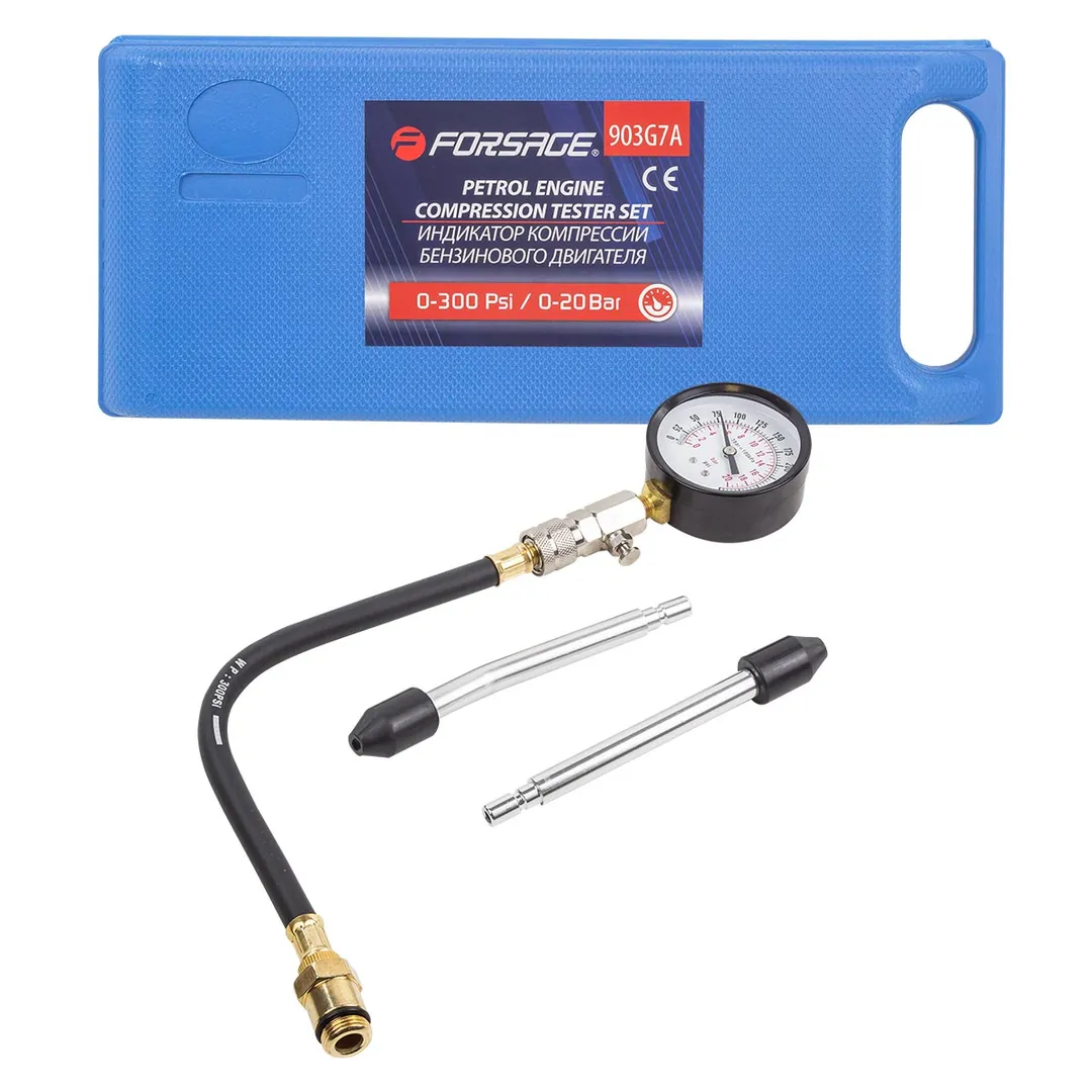 Индикатор компрессии бензинового двигателя Profi (0-21Bar, М14, М18 + жесткий прижимной адаптер-переходник-2шт) 4пр., в кейсе