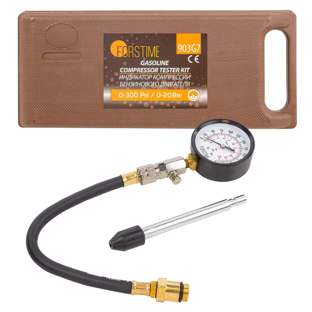 Индикатор компрессии бензинового двигателя Profi (0-21Bar, М14, М18 + жесткий прижимной адаптер-переходник) 3пр., в кейсе