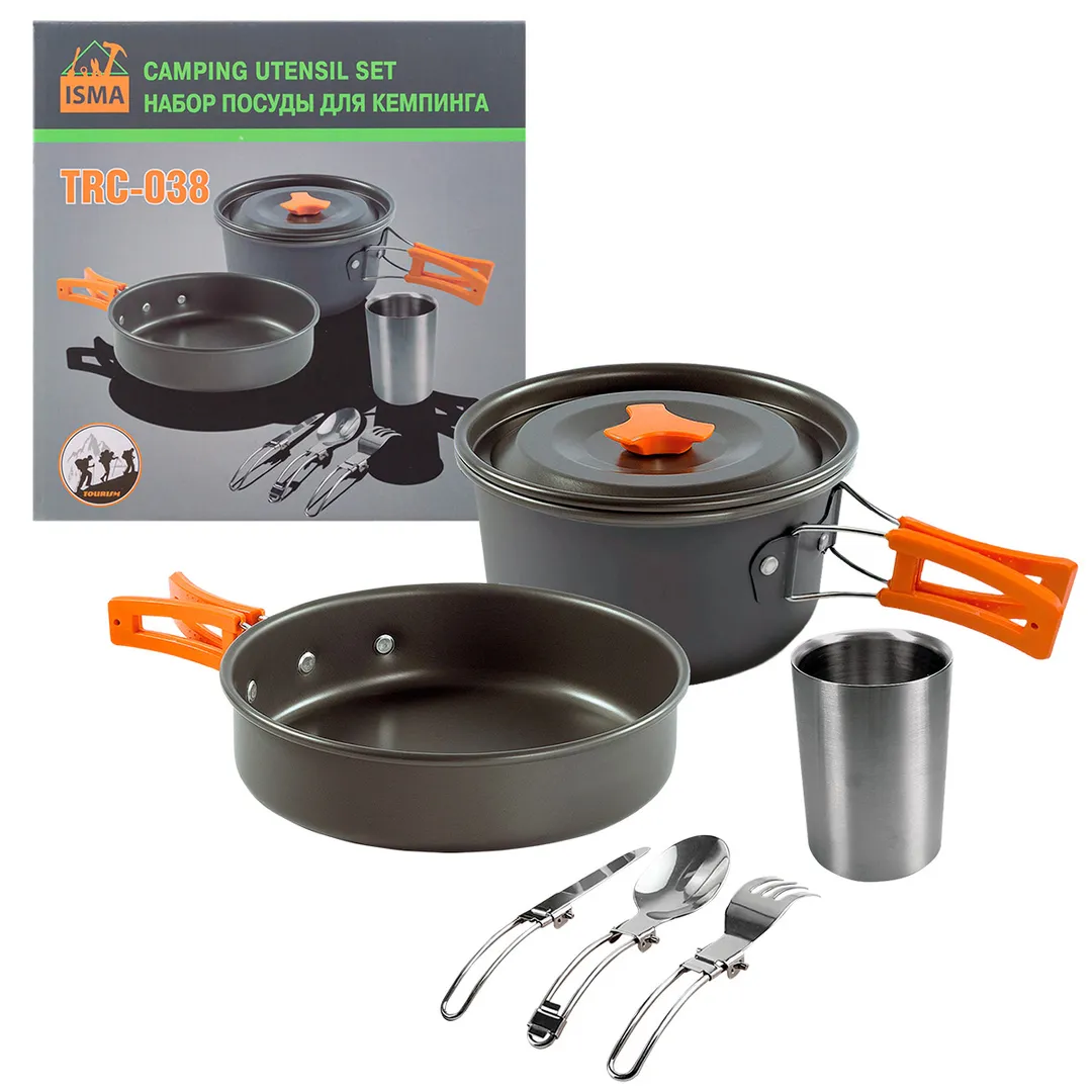 Посуда алюминиевая холодно-штампованная для кемпинга, набор (сотейник, сковорода, чашка, ложка, вилка, нож)