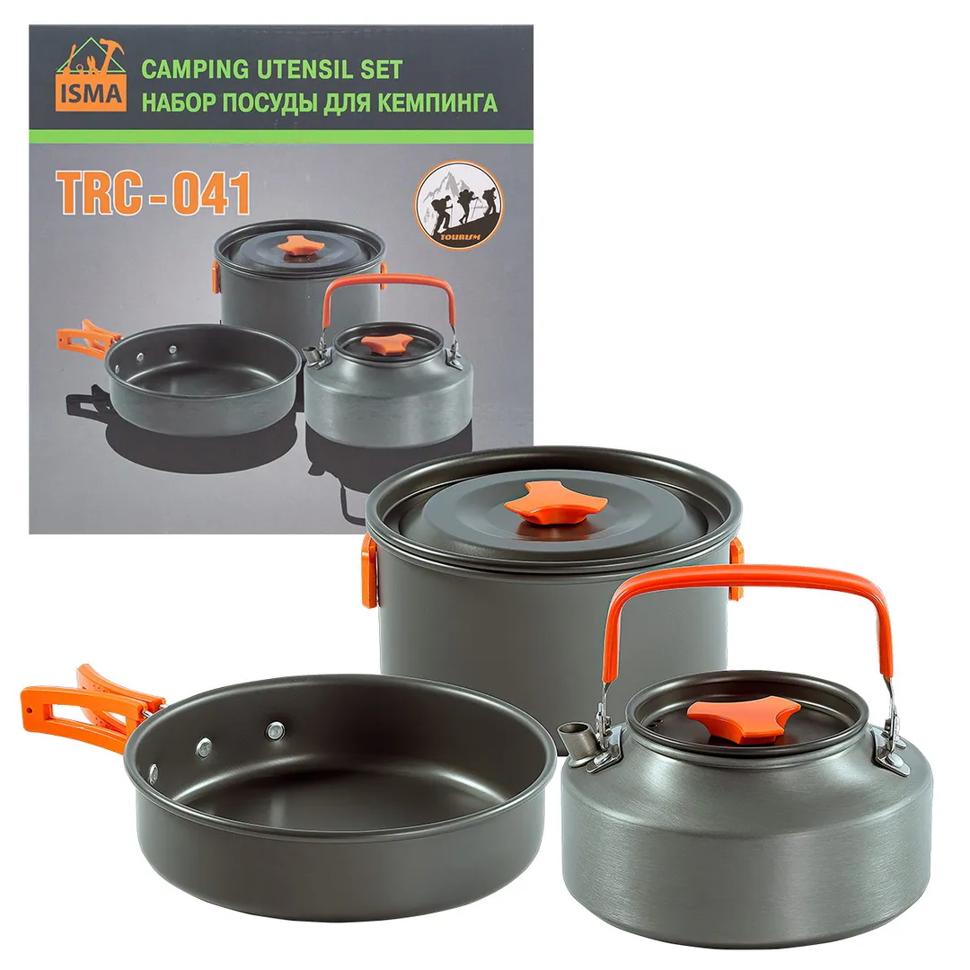 Посуда алюминиевая холодно-штампованная для кемпинга, набор (кастрюля, сковорода, чайник)