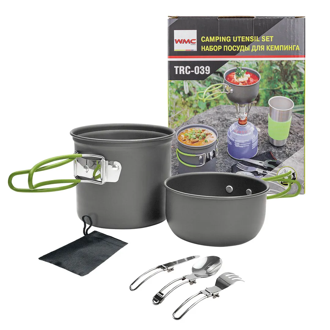 Посуда алюминиевая холодно-штампованная для кемпинга, набор (кастрюля, миска, ложка, вилка, нож)