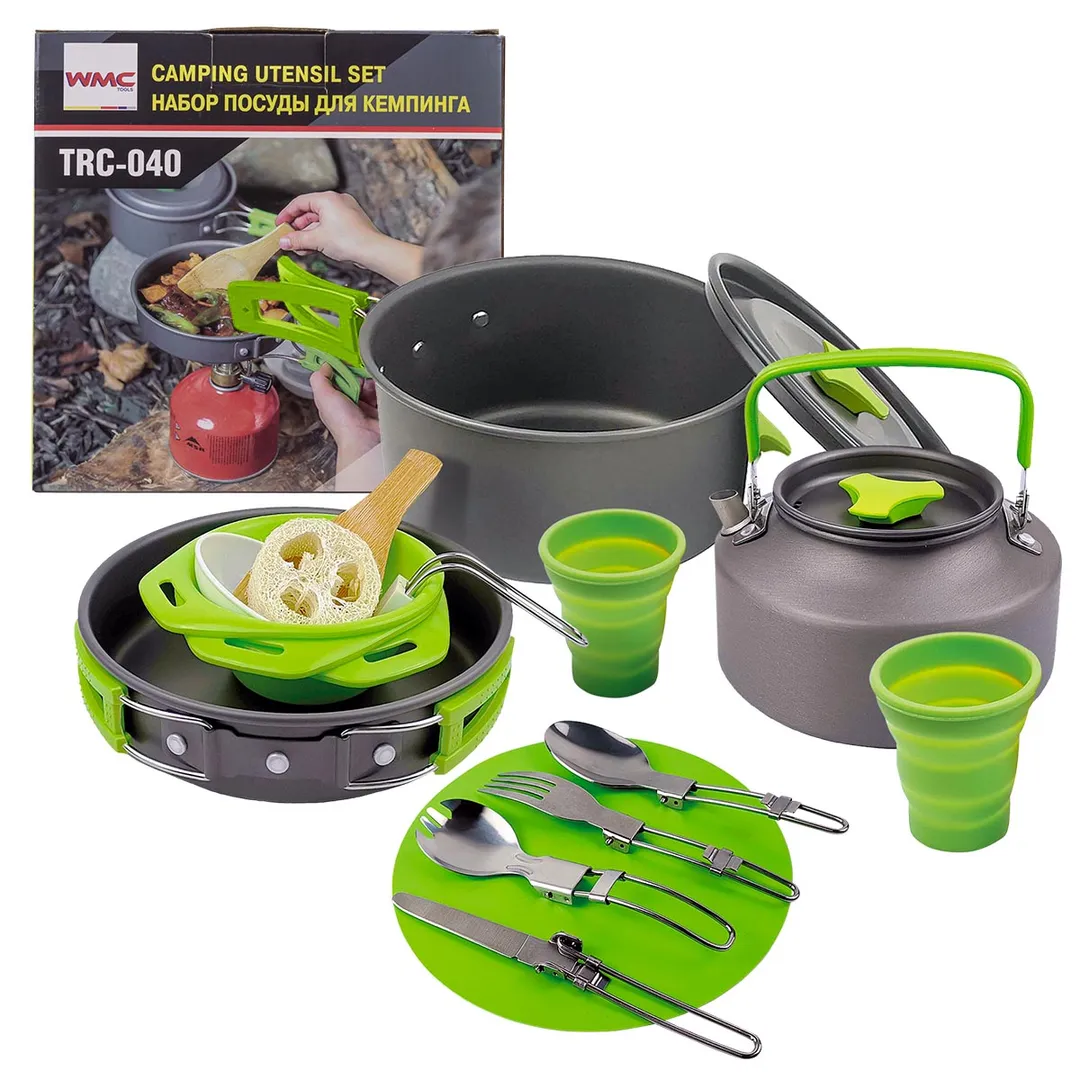 Посуда алюминиевая холодно-штампованная для кемпинга, набор (кастрюля, сковорода, чайник, миска силик. (3шт.), чашка силик. (2шт.), тарелка, лопатка д