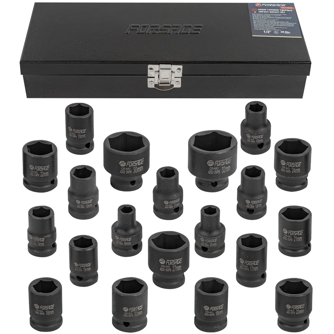 Набор головок ударных 20пр.,1/2»(8-24, 27, 30, 32мм), в металлическом кейсе