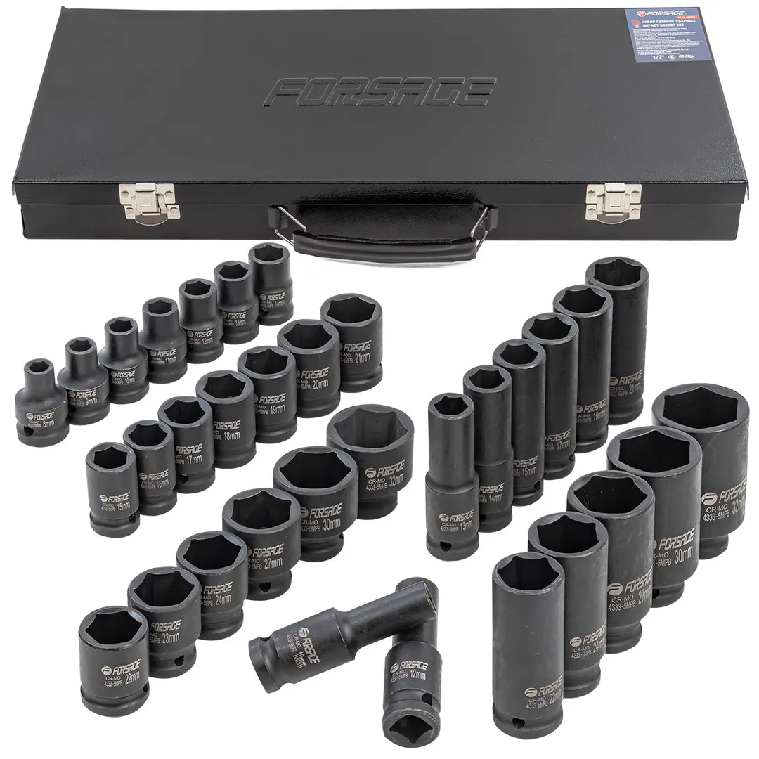 Набор головок ударных 33пр.1/2»(6гр.)(L-38мм:8-24,27,30,32мм,L-78мм:10,12-15,17,19,21,22,24,27,30,32мм)в метал кейсе