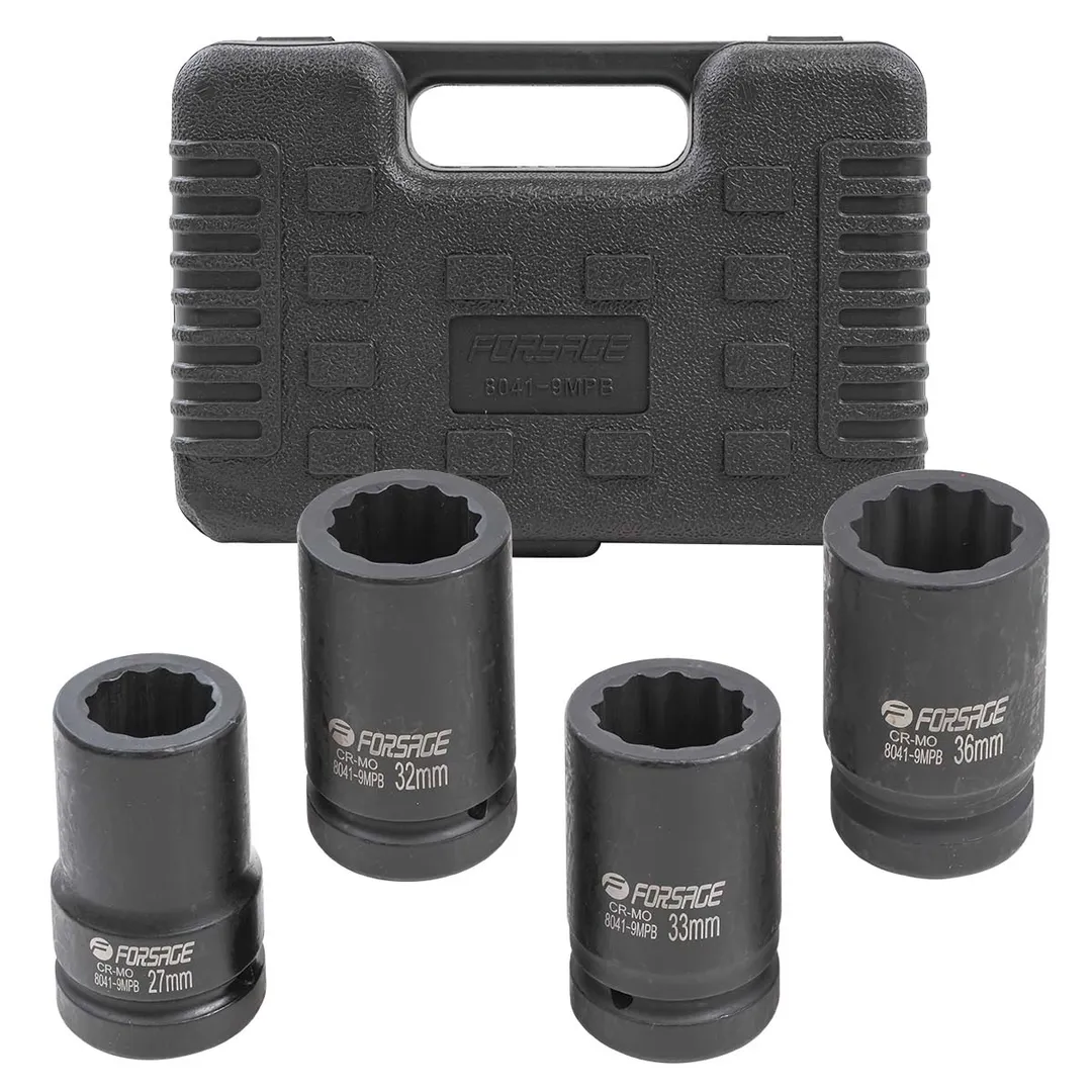 Набор головок ударных глубоких 1»4пр.(12гр.)(27,32,33,36мм),в кейсе