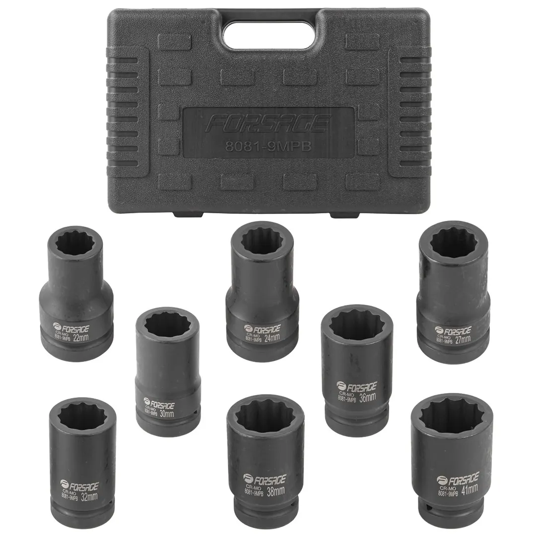 Набор головок ударных глубоких 1»8пр. (12гр.) (22,24,27,30,32,36,38,41мм),в кейсе