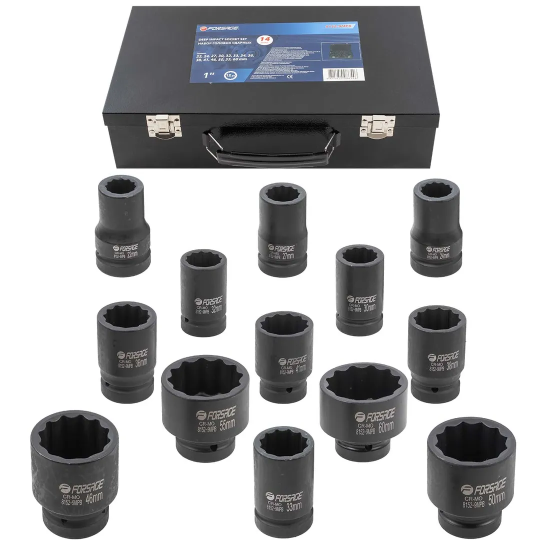 Набор головок ударных глубоких 1»14пр. (12гр.) (22,24,27,30,32,33,34,36,38,41,46,50,55,60мм)