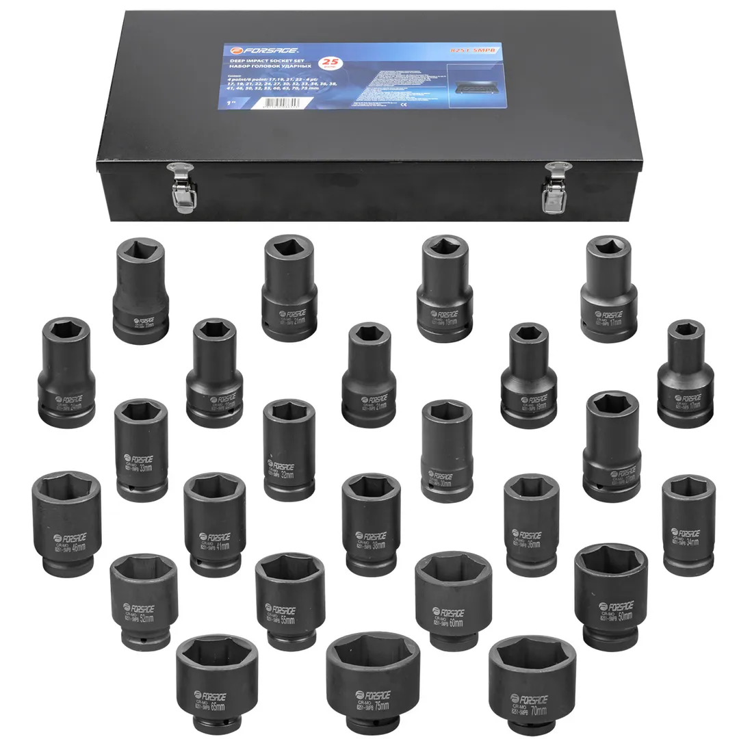 Набор головок ударных глубоких 25пр. 1»6гр. (17,19,21,22мм 4-гранные под футорку,17,19,21,22,24,27,30,32,33,34,36,38,41,46,50,52,55,60,65,70,75мм)